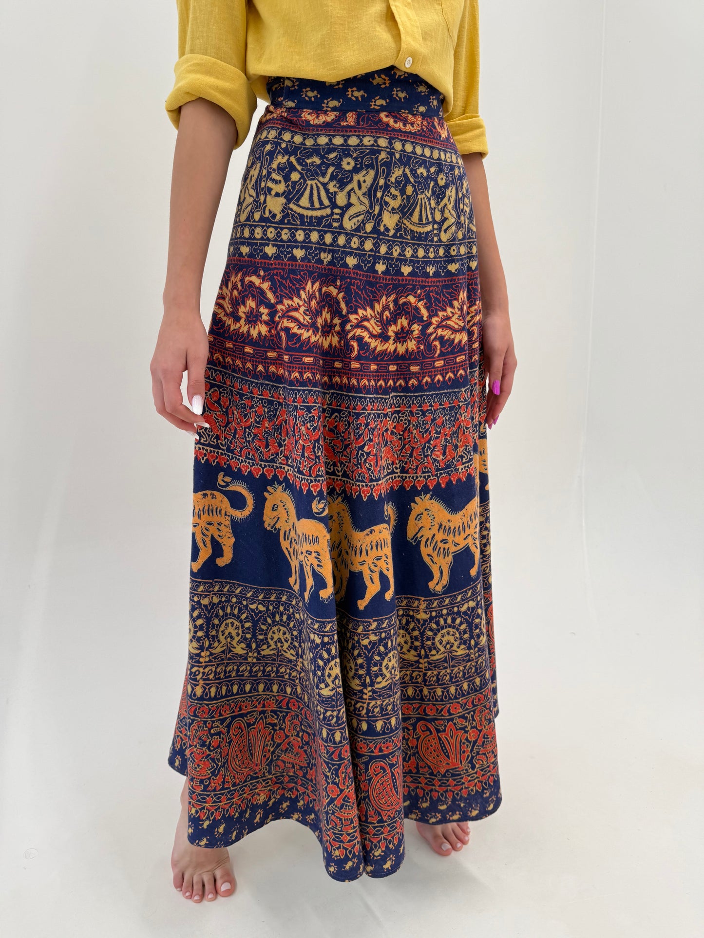 Fustă maxi tall jeans blue petrecută  din canvas de bumbac cu print manual