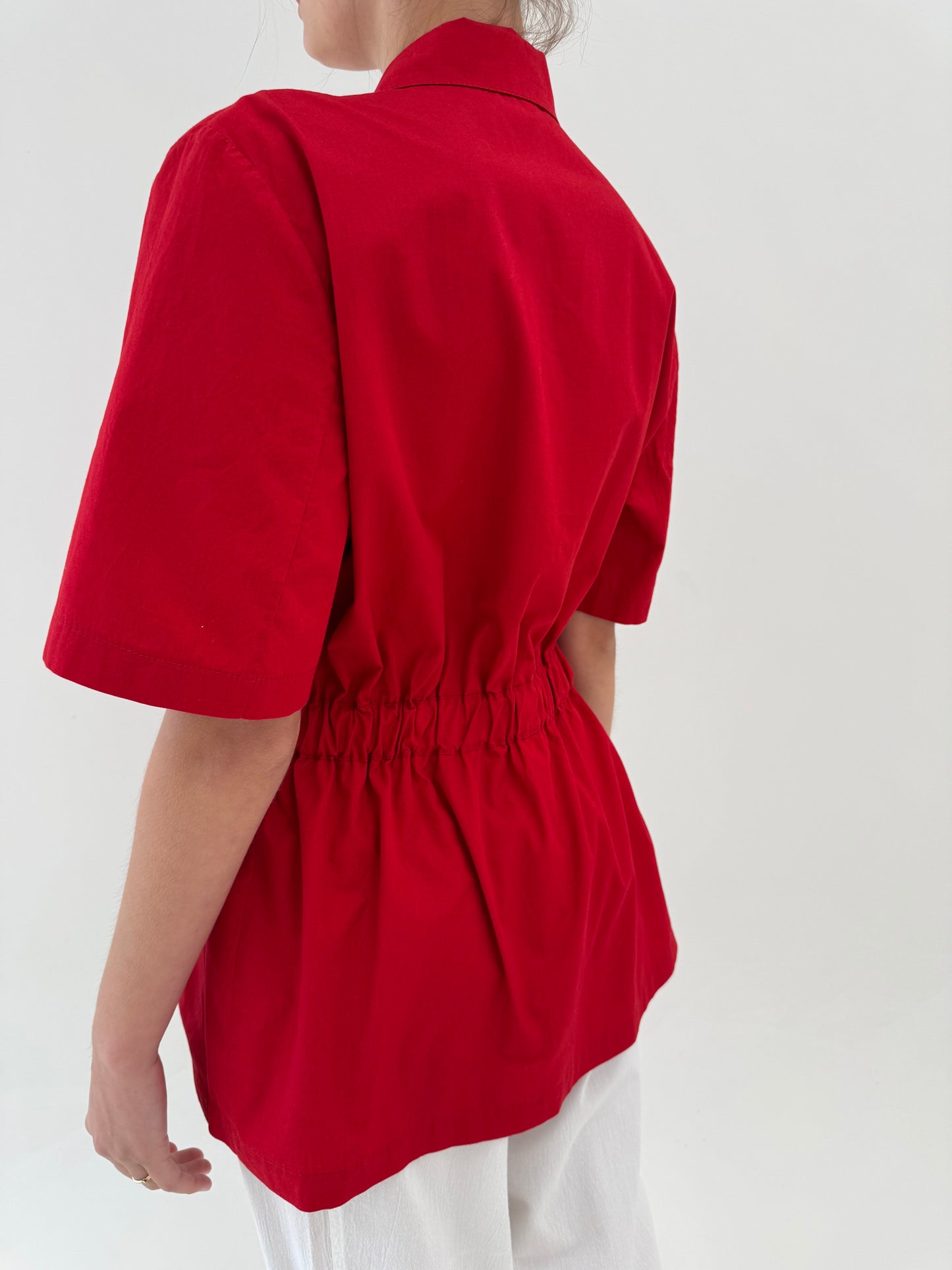 Sacou dark cherry red cu talie ultra marcată din poplin premium de bumbac