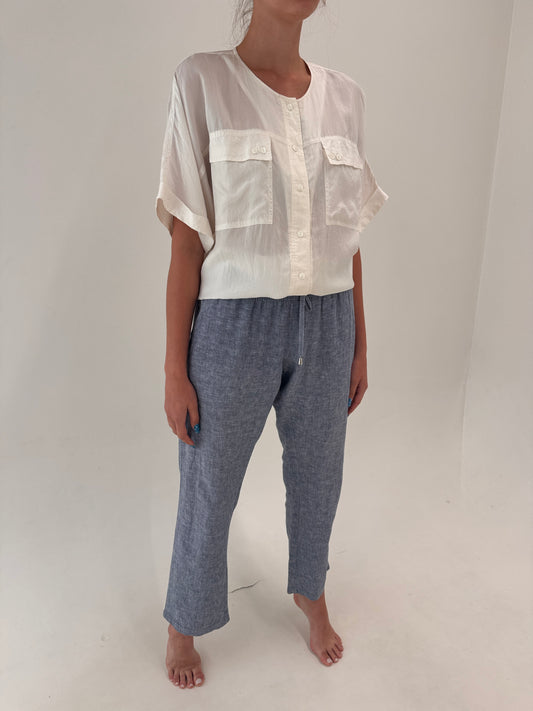 Pantaloni jeans blue din pânză de in melanj cu talie ultra elastică reglabilă