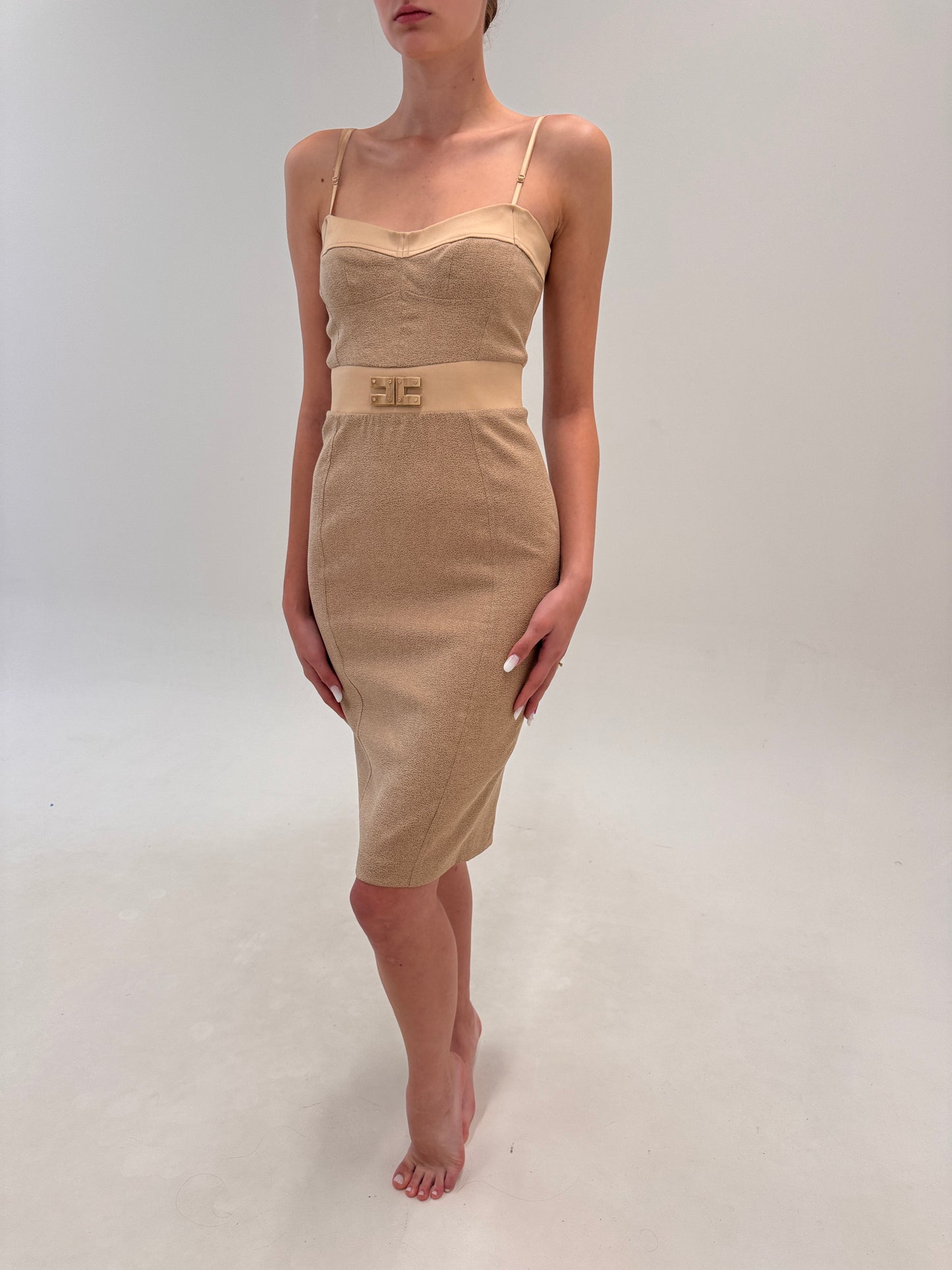 Sheath dress luxury camel Elisabeta Franchi cu corsaj ultra modelatoare