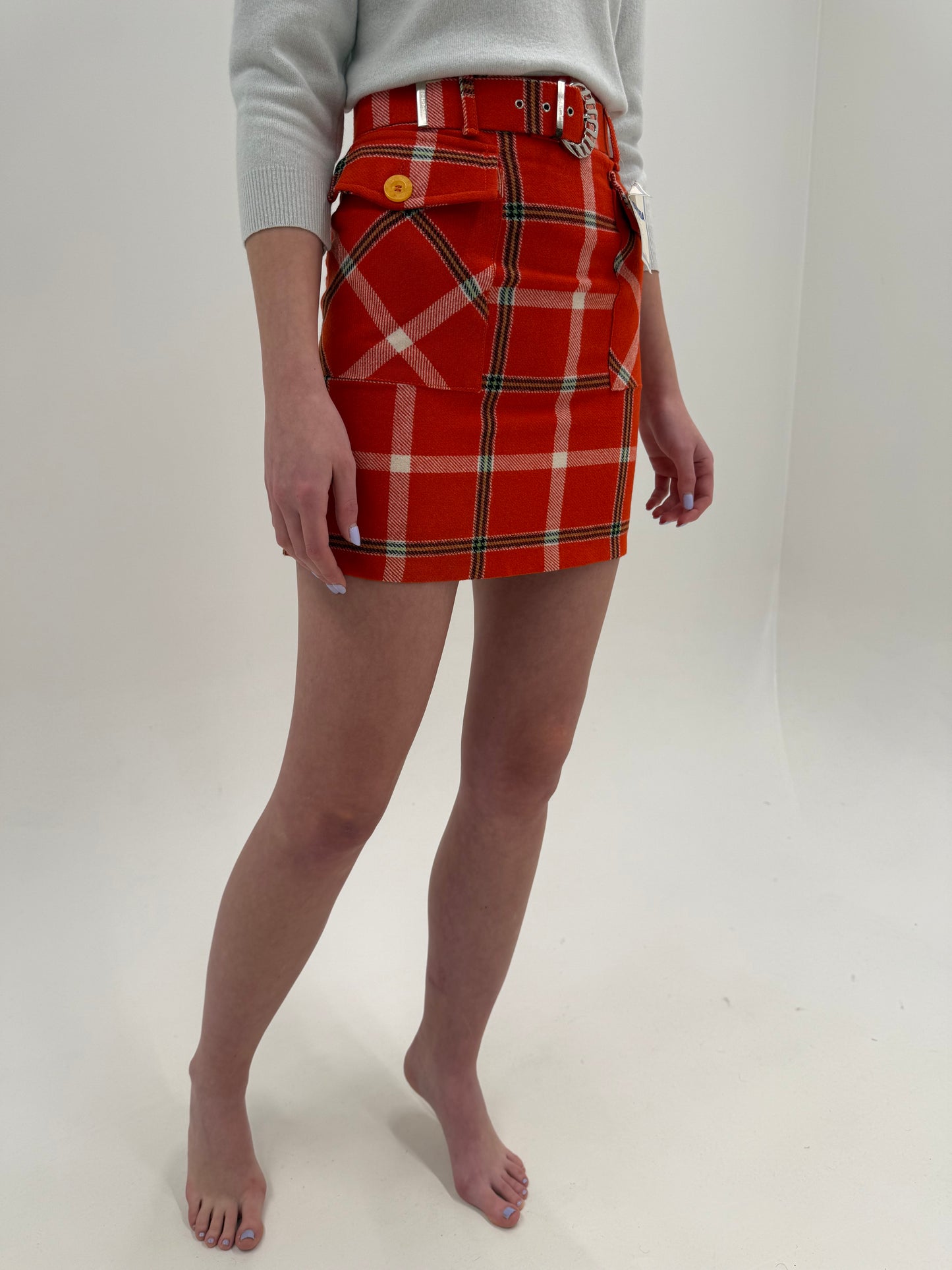 Fustă vintage în carouri new old stock din lana extrafina și curea proprie