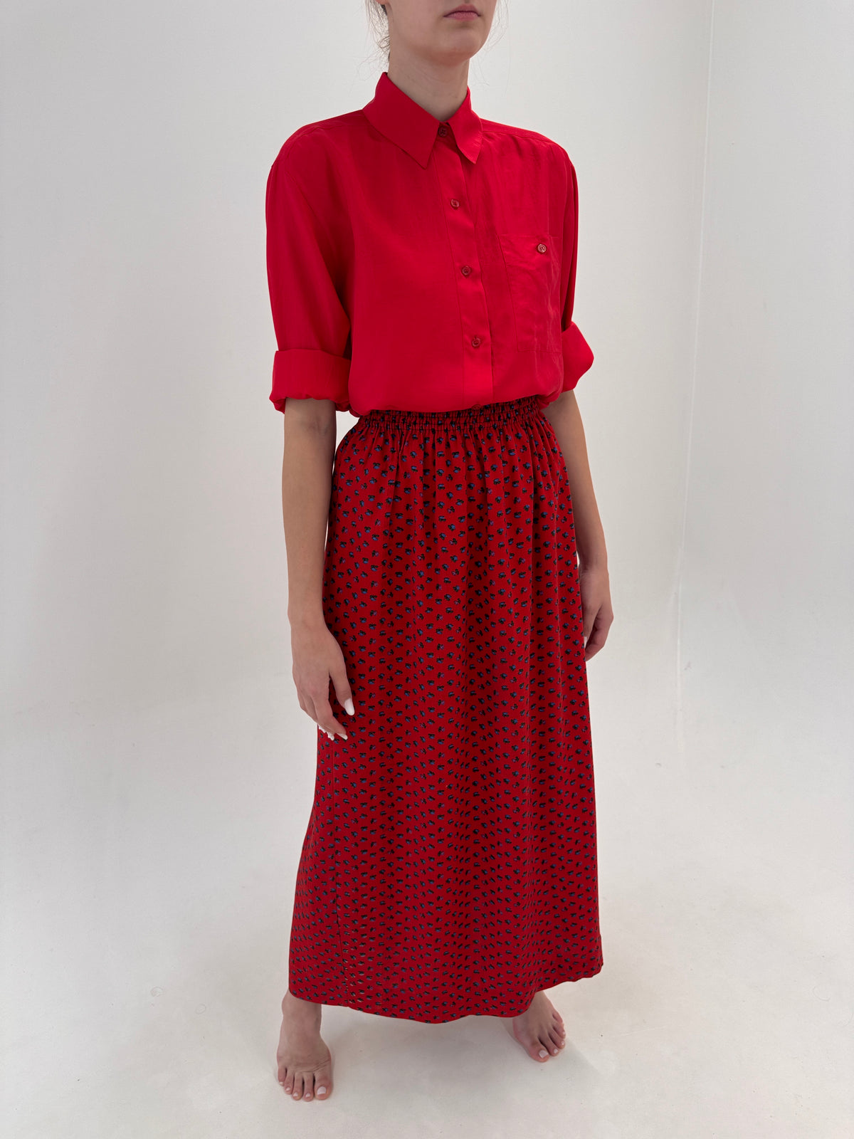 Fustă maxi tall din pânză excepție bumbac ruby red cu print floral și talie elastică