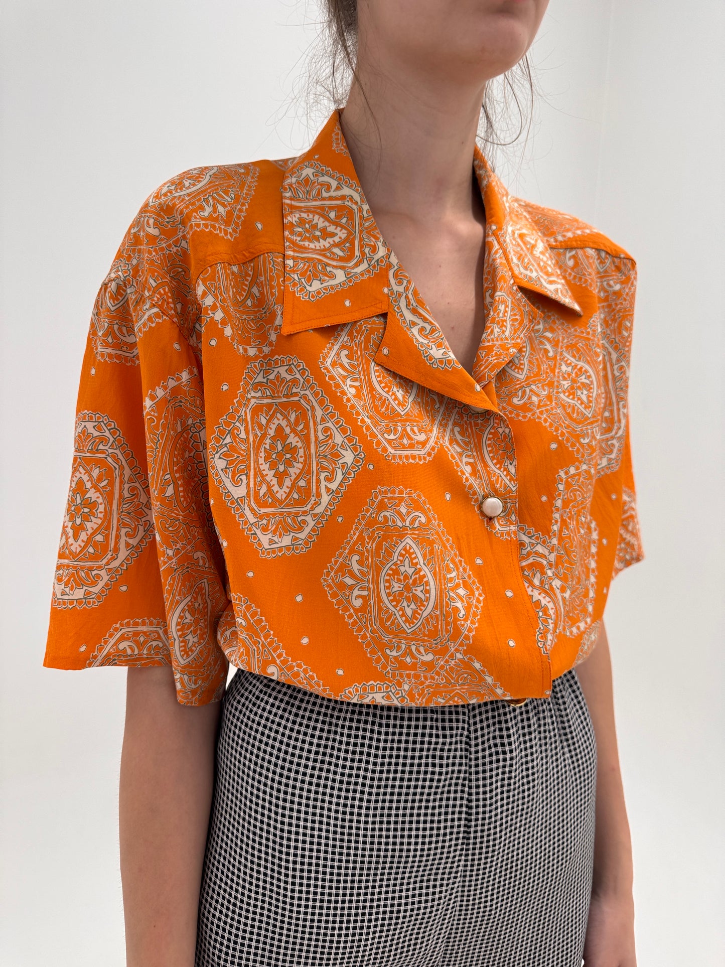 Cămașa vintage oranj cu print camel din twill excepțional de mătase naturală