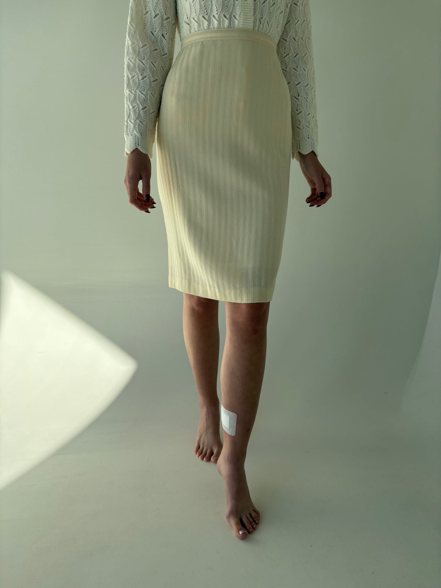 Fustă conică cu talie ultra înaltă ivoire din lana extrafina texturată