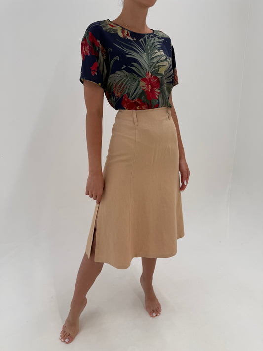 Fustă camel Marella by Max Mara din pânză moale premium midi cu talie ultra înaltă