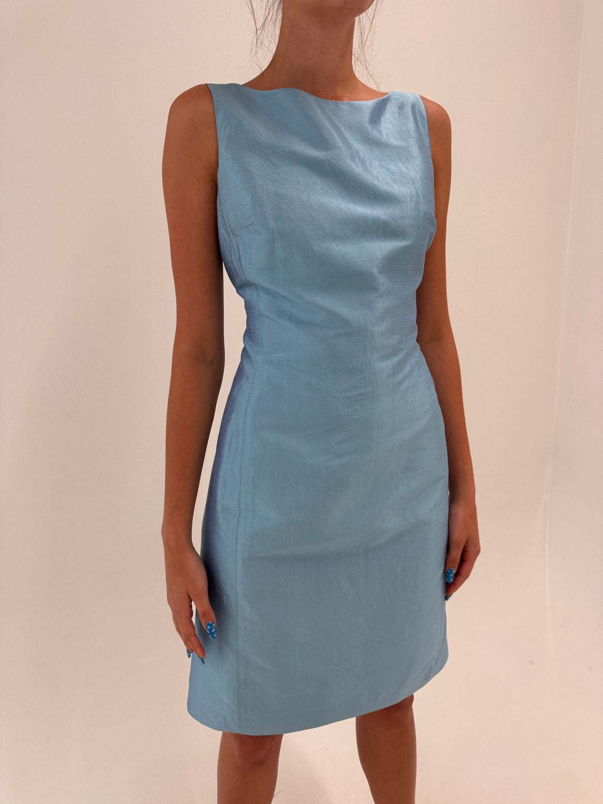 Rochie baby blue în croi minimalist din mătase naturală dupioni