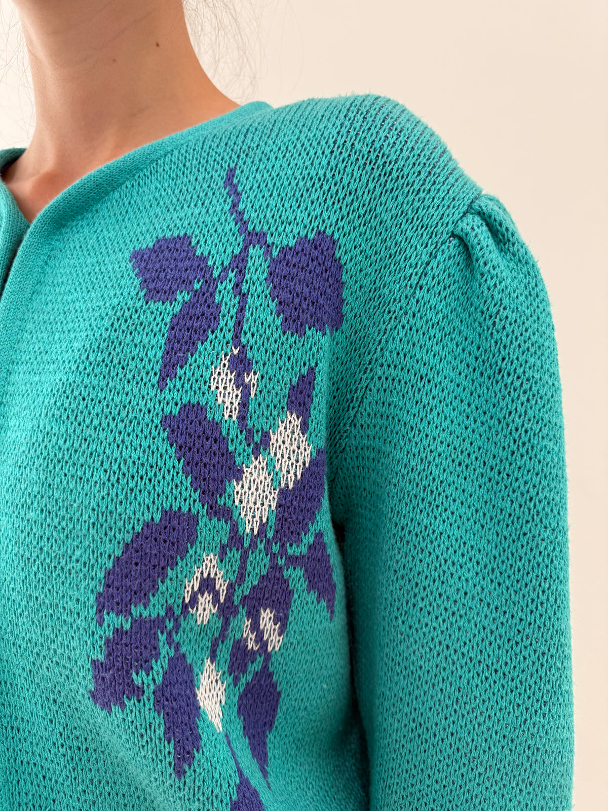 Jacheta vintage cu umeri ușor bufanți teal blue din bumbac și lana