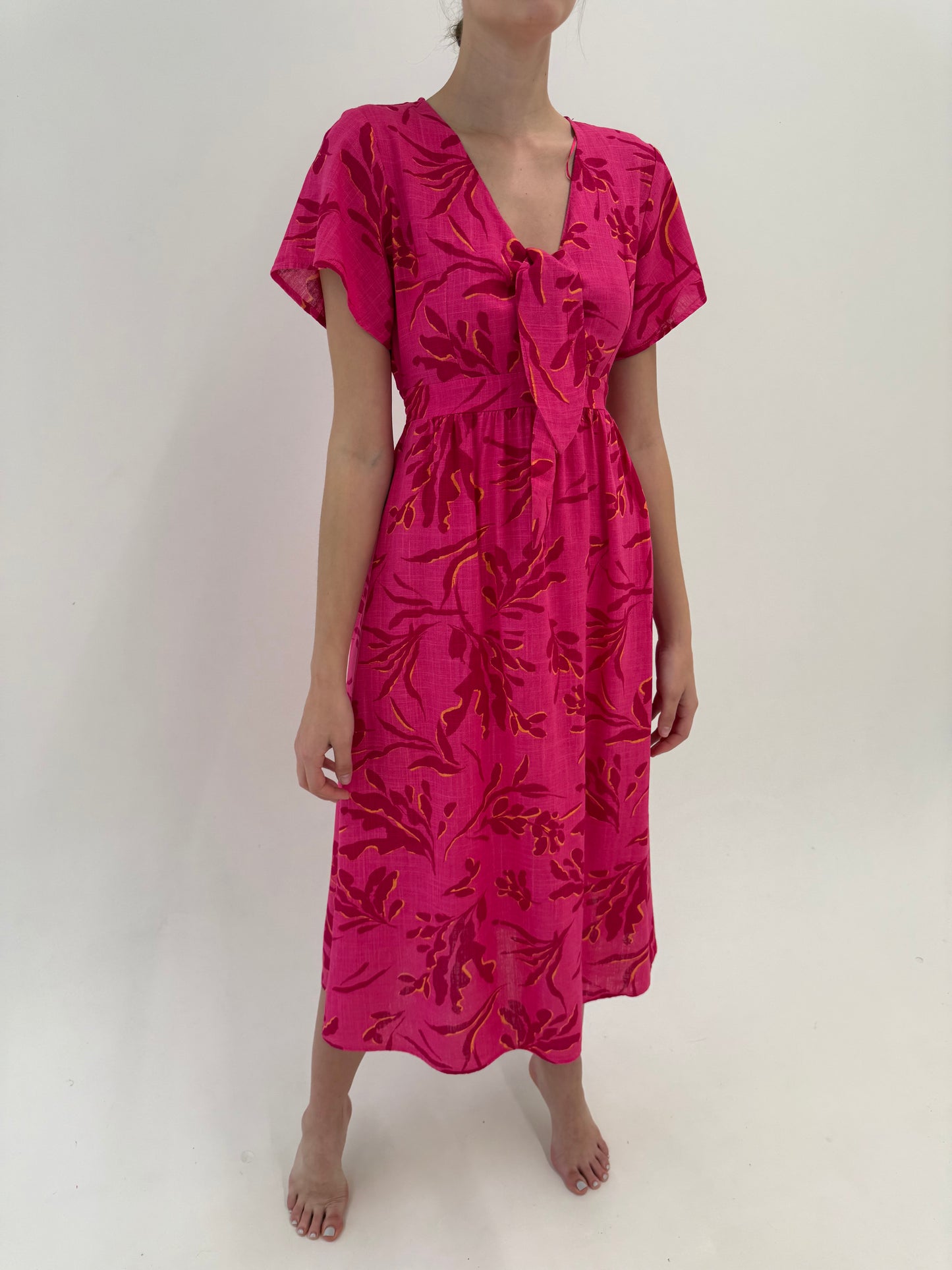 Rochie maxi fucsia din pânză de in cu taie elastică