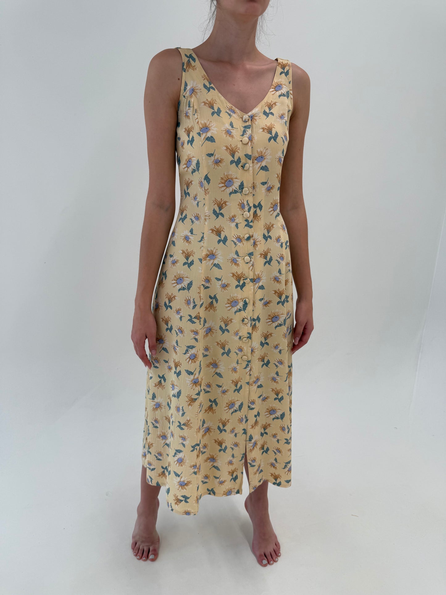 Rochie vintage maxi cambrata cu talie reglabilă la spate butter yellow