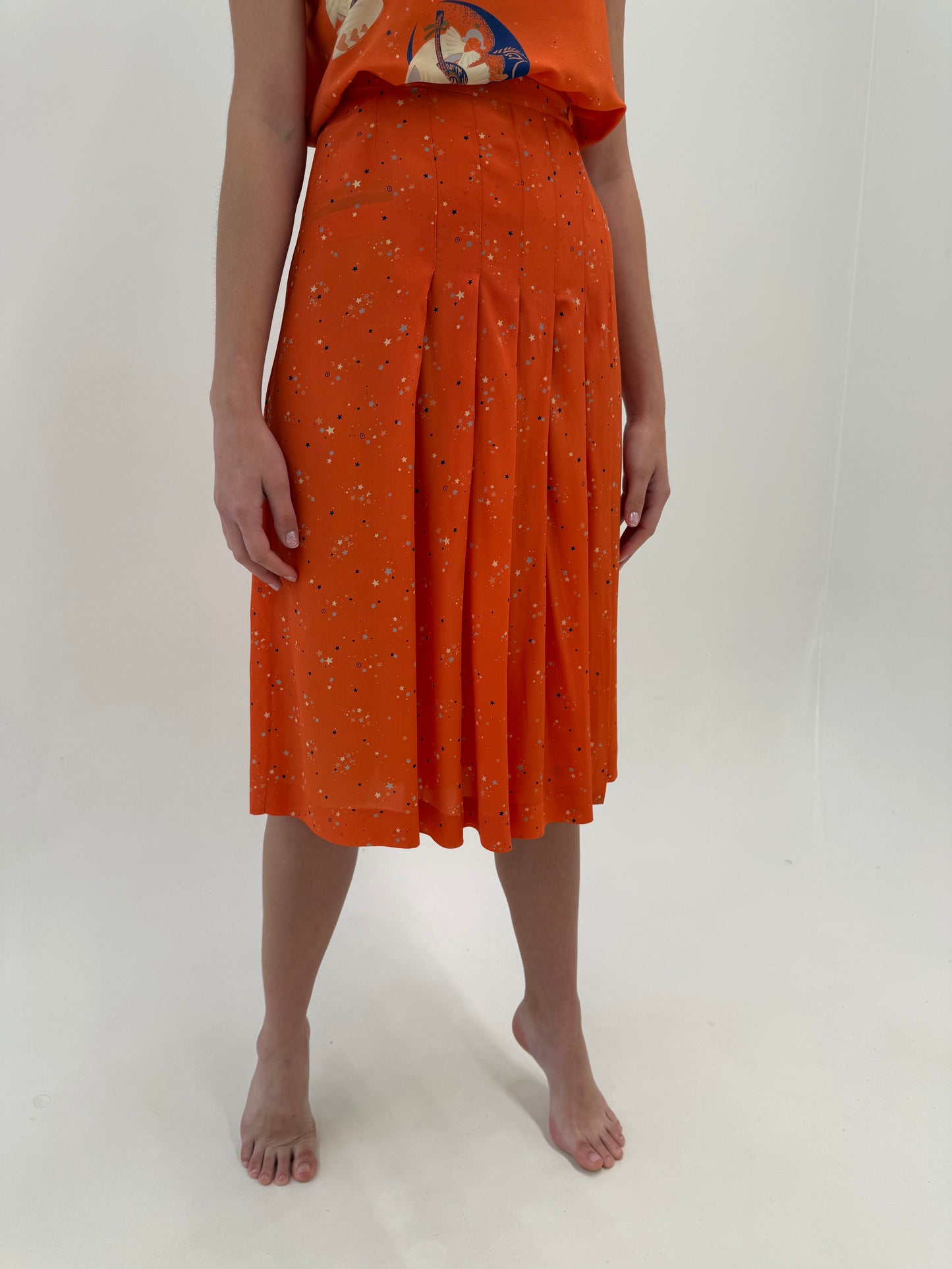 Set vintage din mătase naturală pumpkin orange cu print delicat și buline