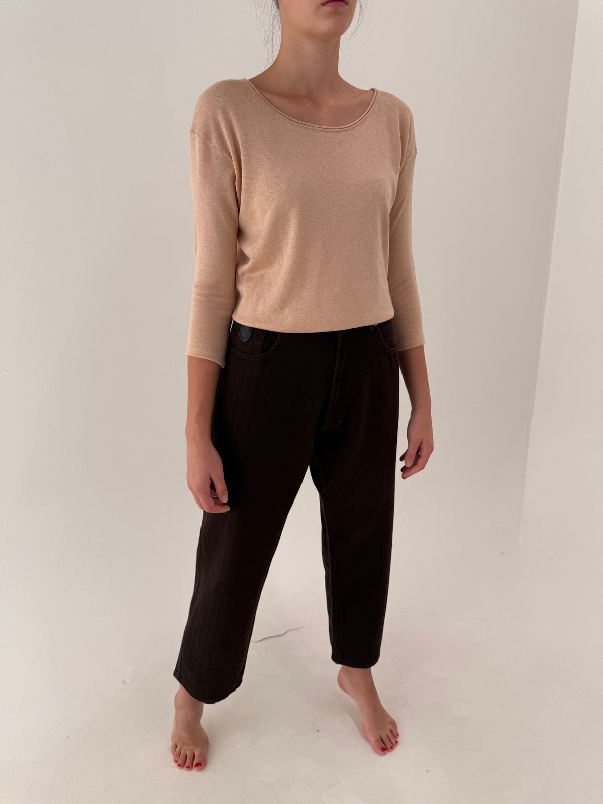 Jeans Trussardi chocolate brown din bumbac gros cu talie ultra înaltă și solduri generoase