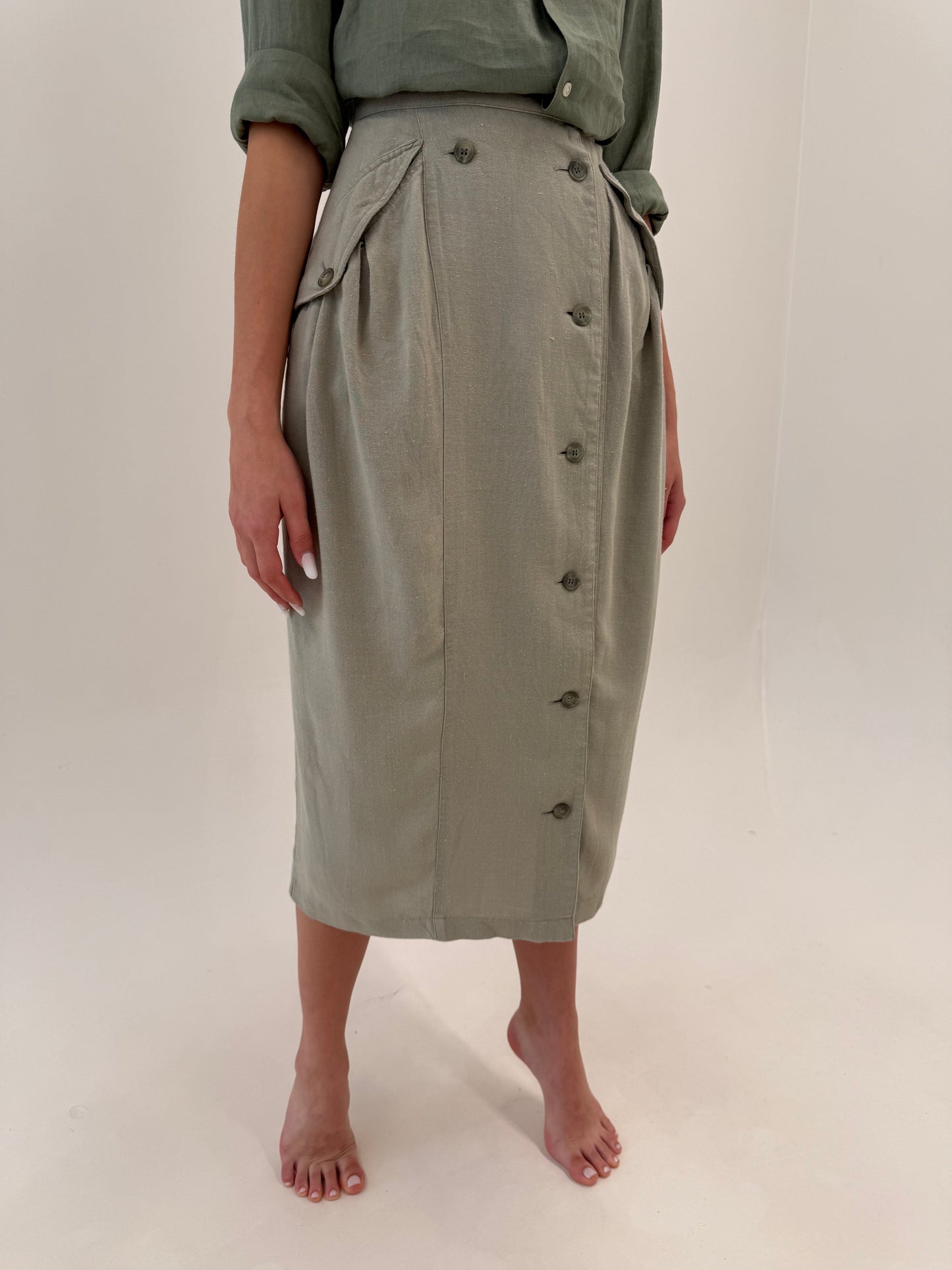 Fustă Sage green vintage din pânză excepțională în croi retro modern ovoidal