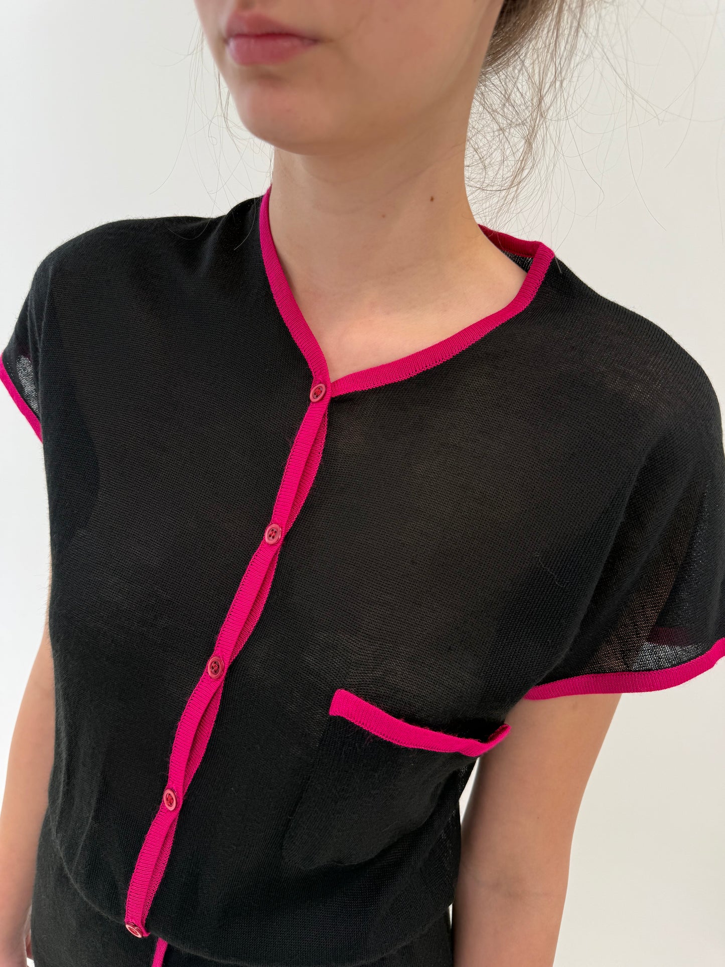 LBD vintage cu paspoal fucsia din jerse de vară cu talie elastică