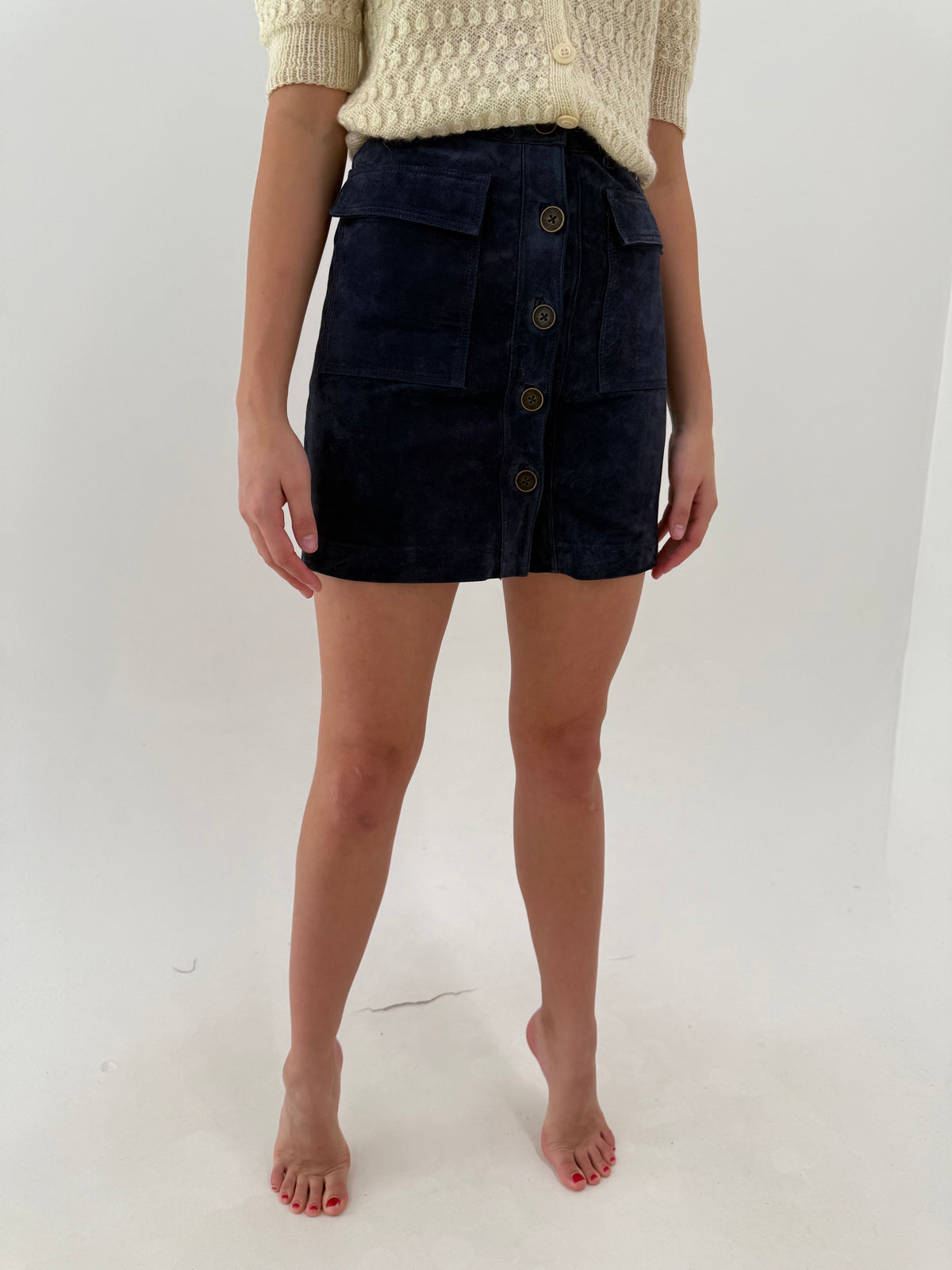 Fustă mini jeans blue din piele naturală întoarsă ușor structurată