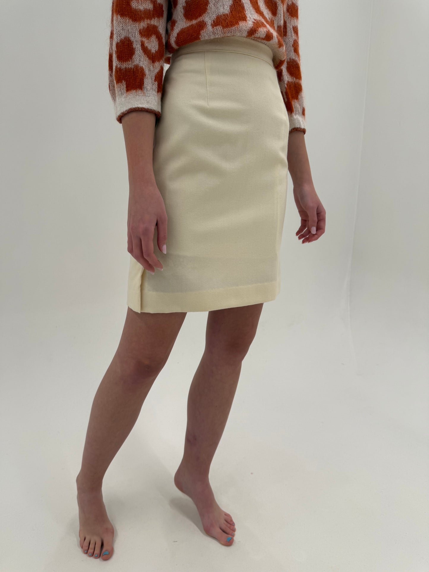 Fustă ivoire cu talie ultra înaltă marcată din lana extrafina