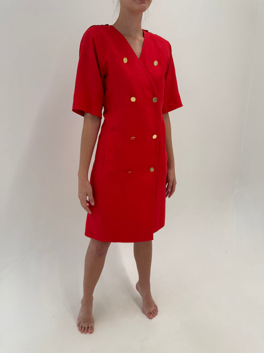 Rochie vintage Yves Saint Laurent din pânză structurată de in cu nasturi metalici aurii