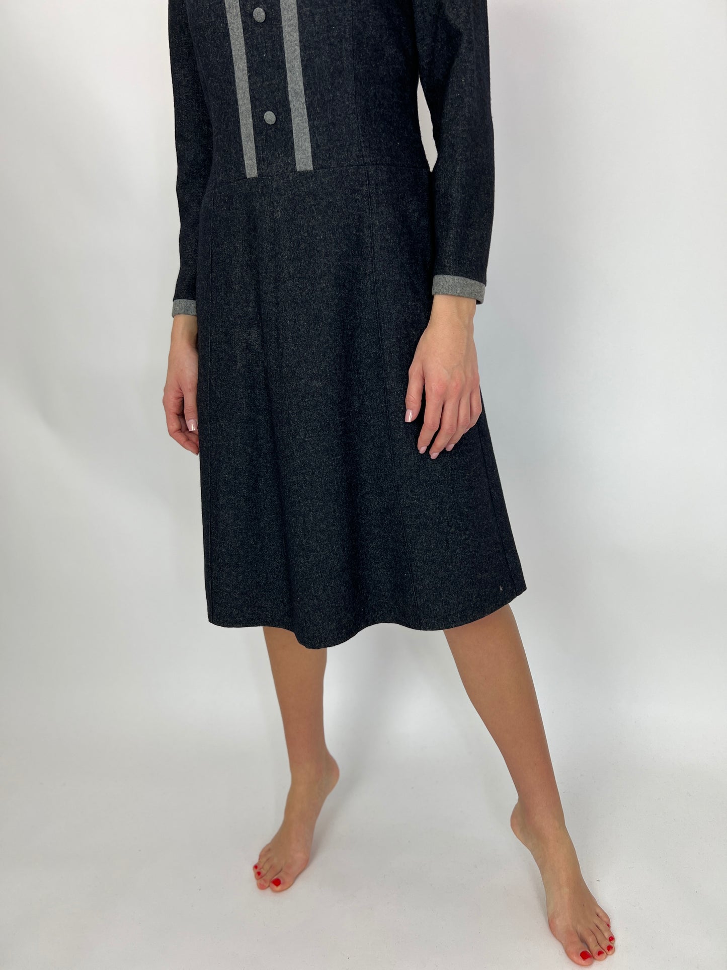 Rochie vintage în tonuri de gri cu talie marcată lana fina