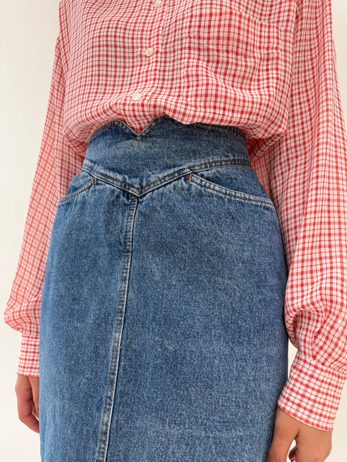 Fustă vintage din jeans cu talie ultra marcată extrem de înaltă midi lung