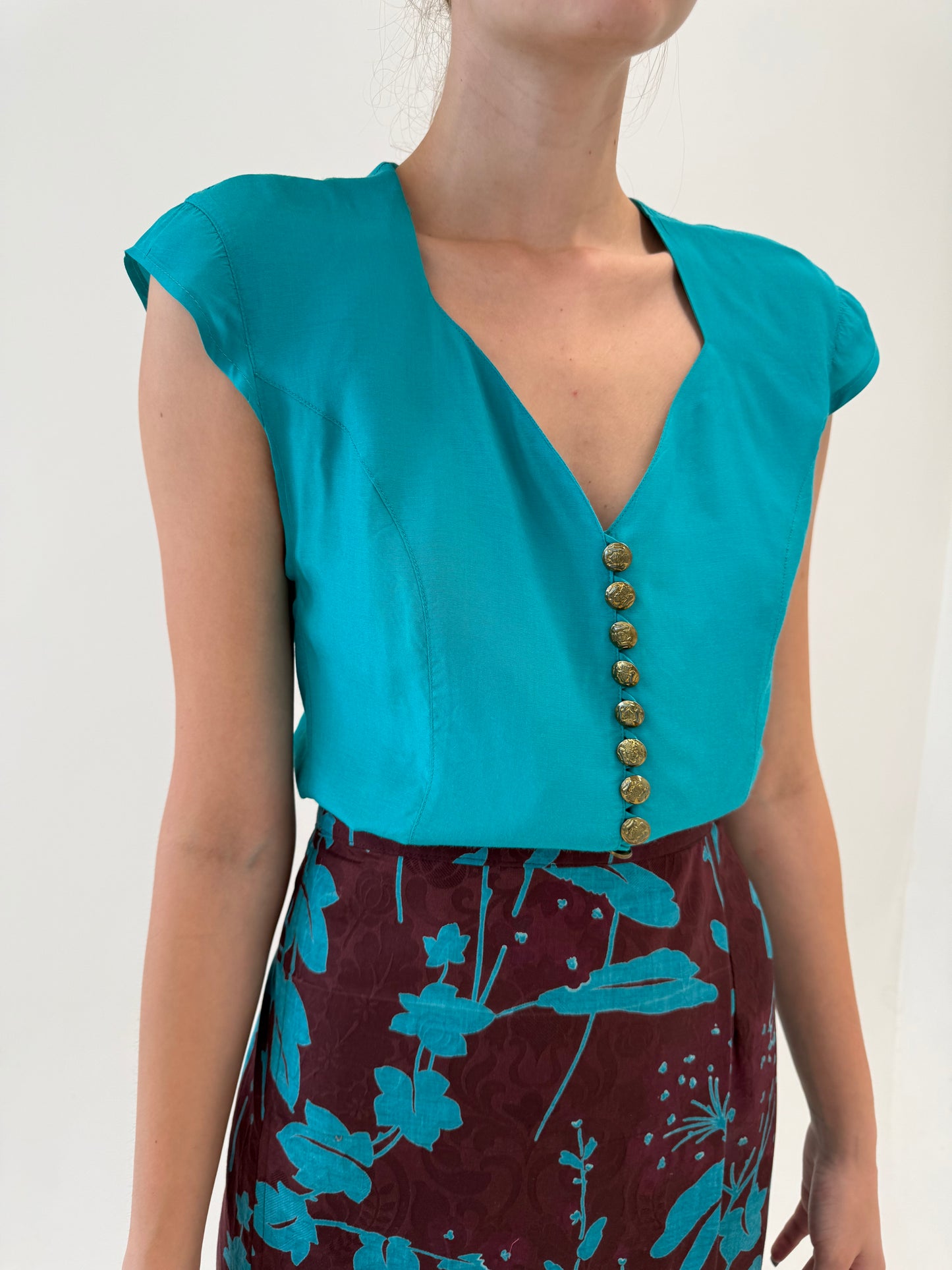 Corsaj vintage cambrat aqua green cu nasturi metalici bijterie și decolteu inimă