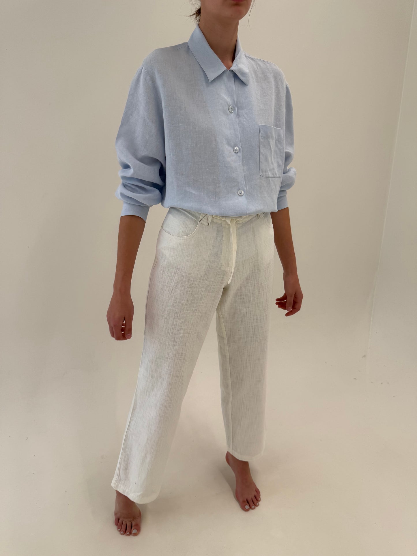 Pantaloni off white din pânză de in și bumbac