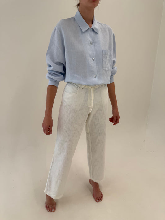 Pantaloni off white din pânză de in și bumbac