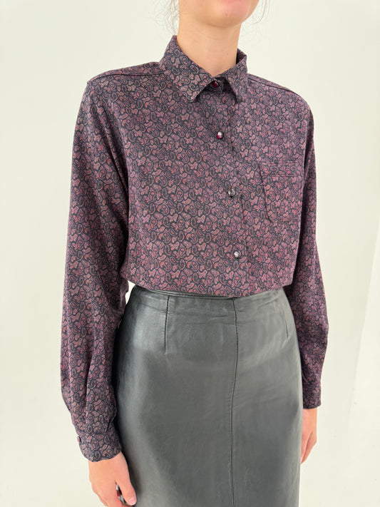 Cămașa vintage din lana extrafina eggplant purple cu print paisley