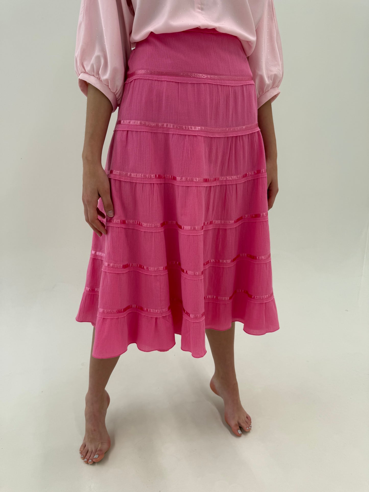 Fustă midi lung Barbie Pink din panzica no iron de bumbac