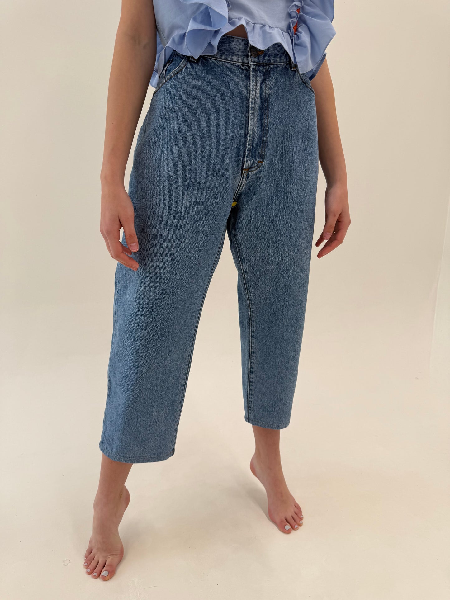 Jeans vintage premium petite mom fit classic wash cu talie înaltă