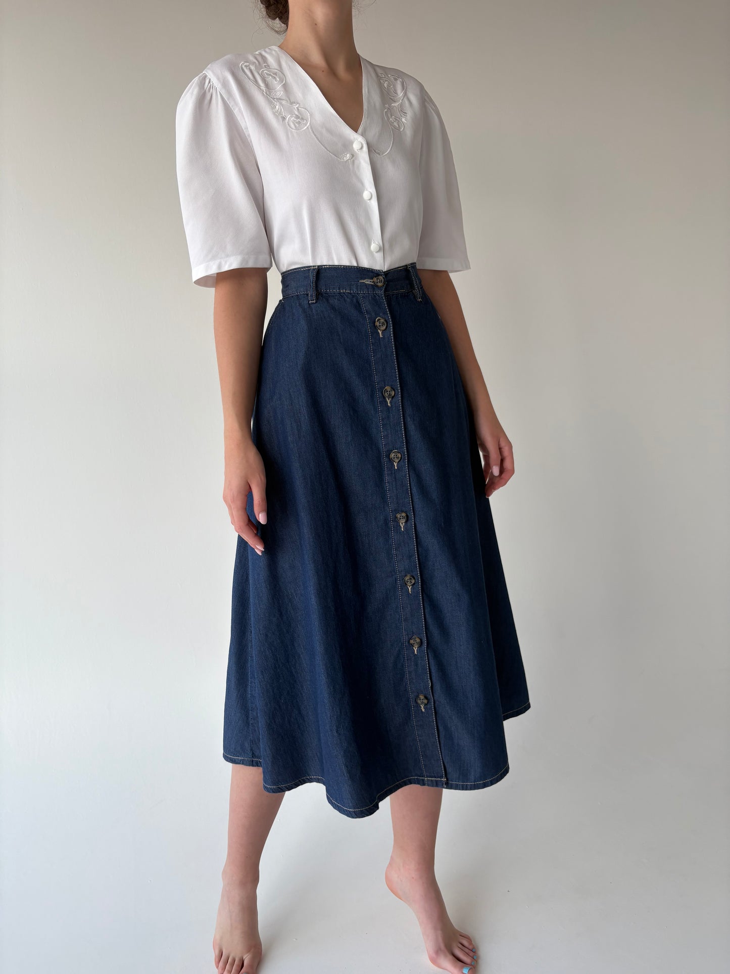 Fustă vintage A-line din jeans subțire de vară calssic wash cu talie elastică