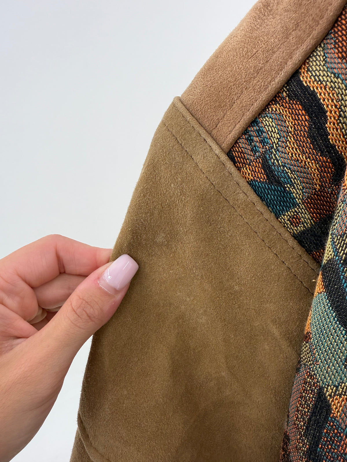 Geaca biker petite vintage camel din piele naturală și brocart