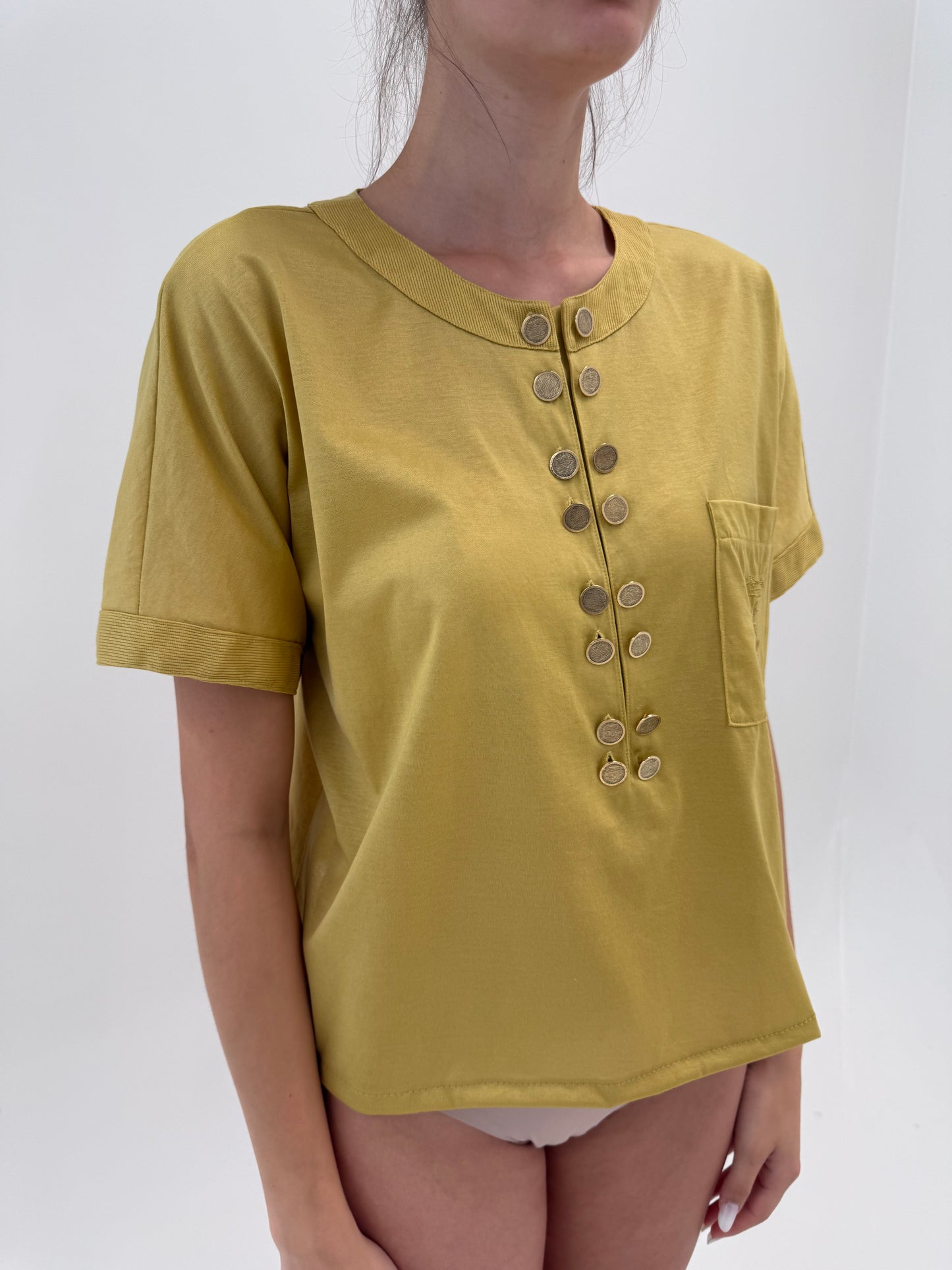 Set vintage dusty mustard green din bumbac excepțional cu nasturi metalici aurii