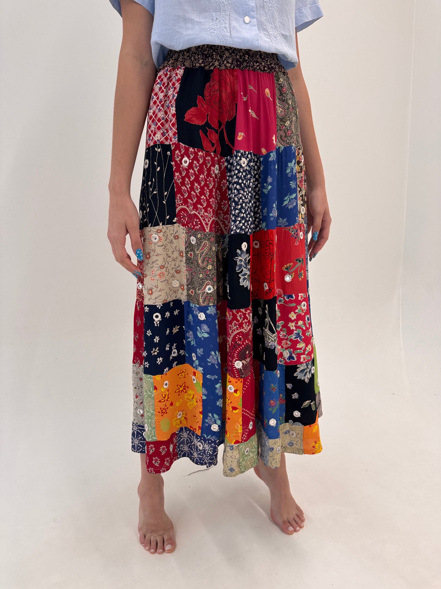 Fustă maxi in croi elaborat patchwork super vaporoasă cu talie elastică