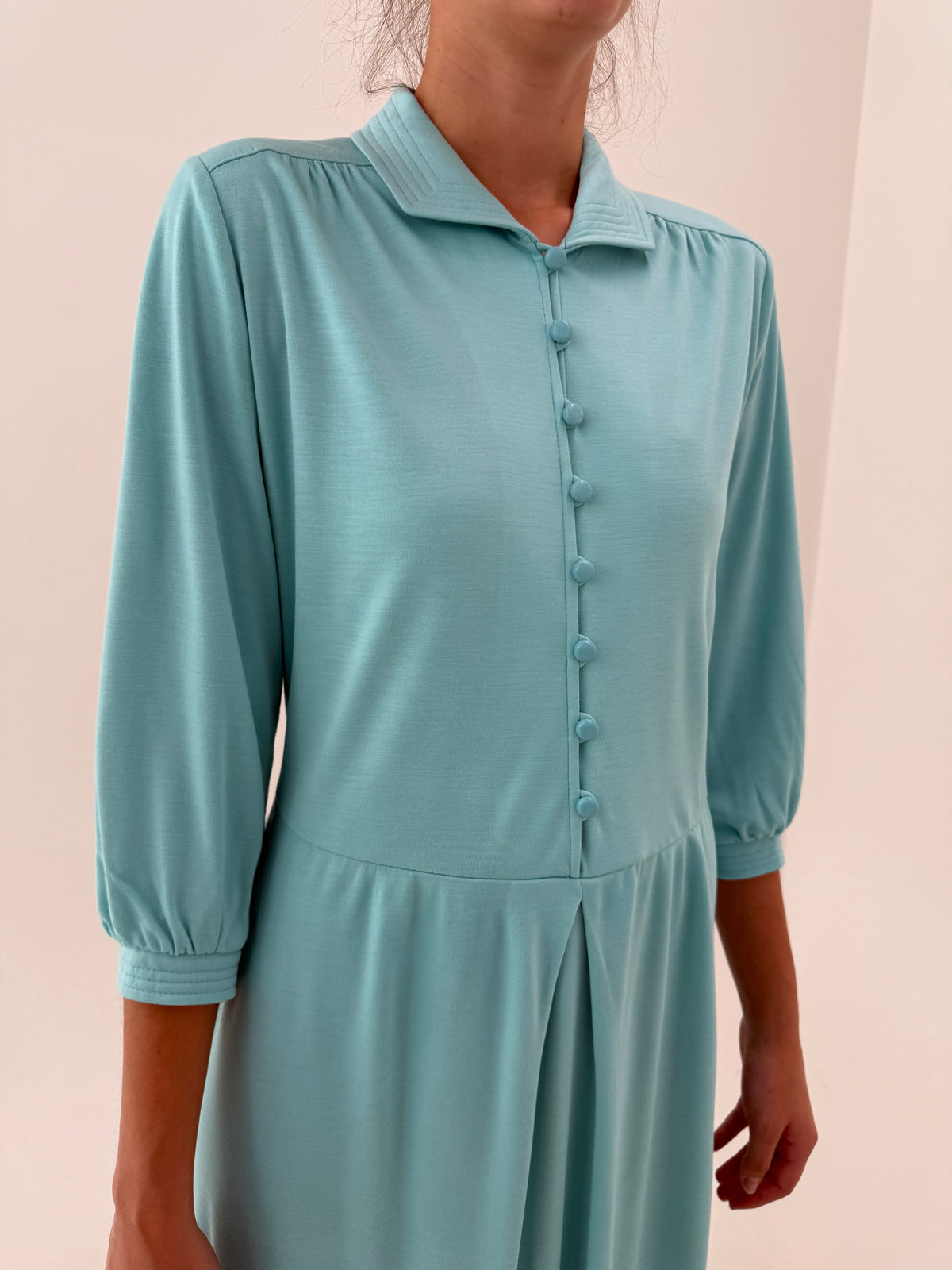 Rochie vintage din tricot extrafin de bumbac gros aqua blue cu talie marcată