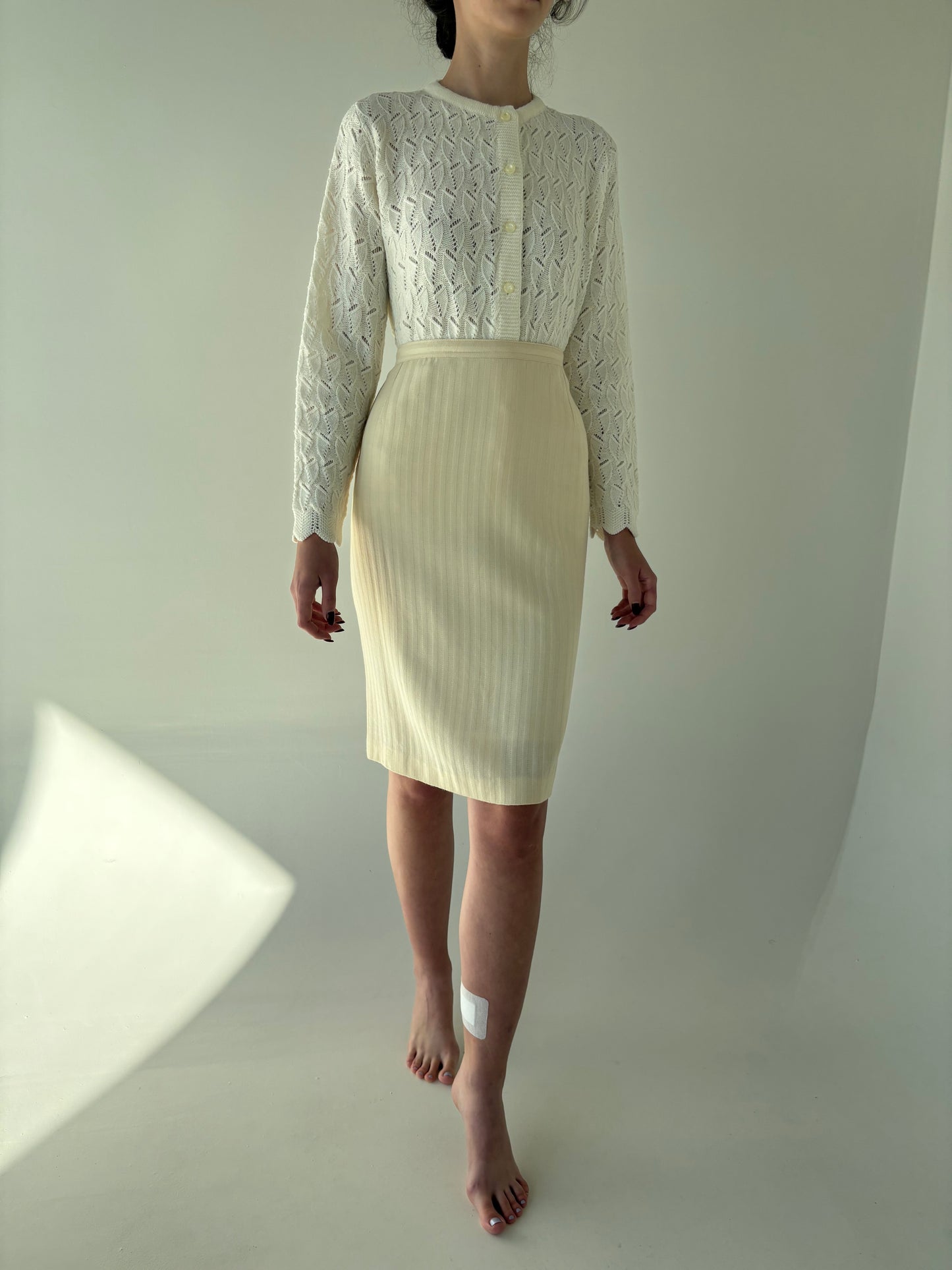 Fustă conică cu talie ultra înaltă ivoire din lana extrafina texturată