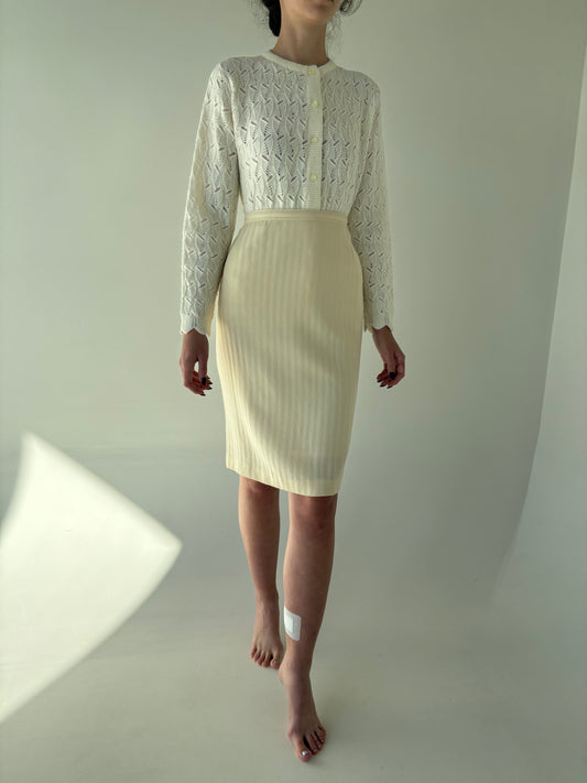 Fustă conică cu talie ultra înaltă ivoire din lana extrafina texturată