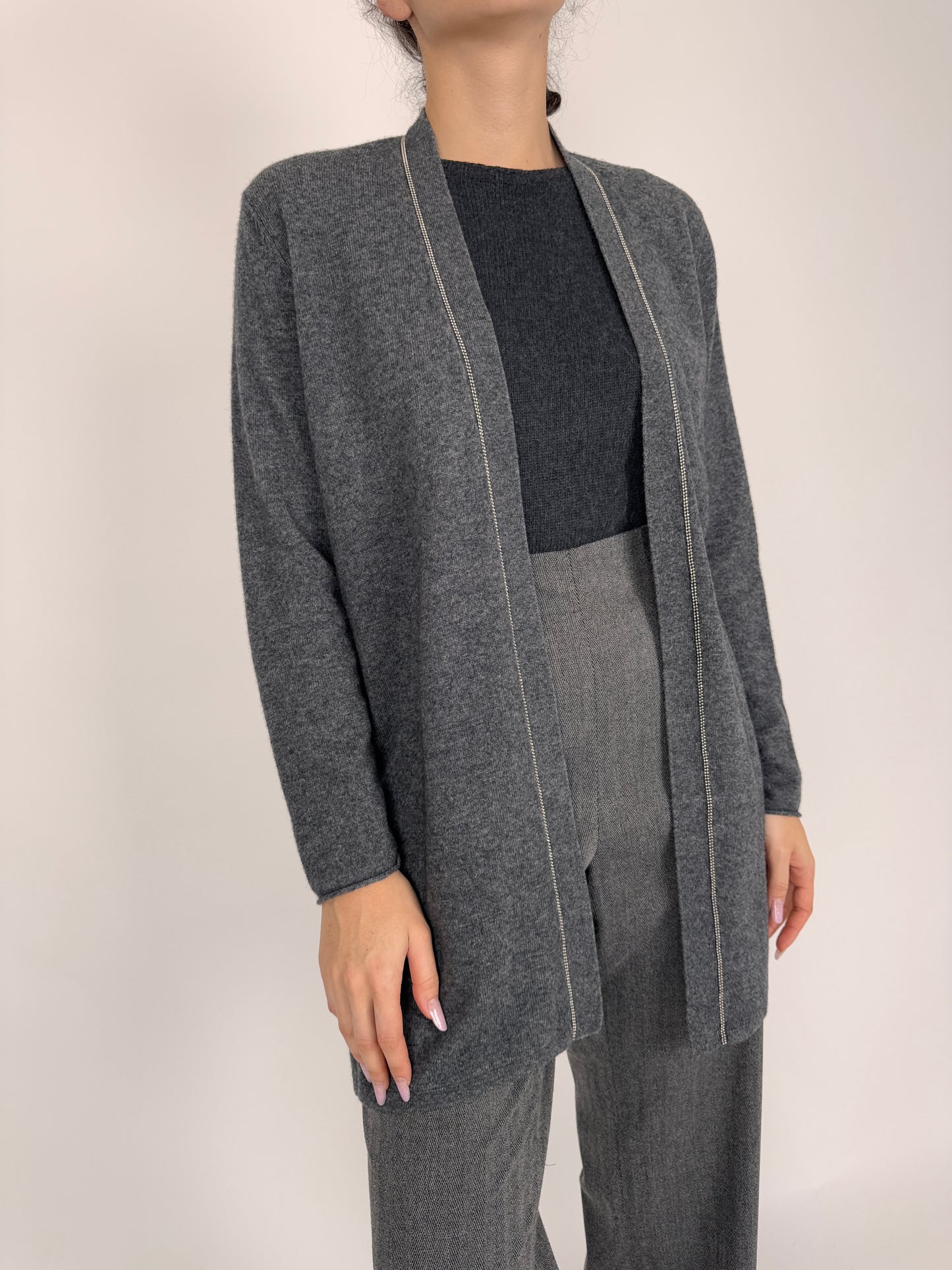 Cardigan lung pebble gray din lana și cașmir