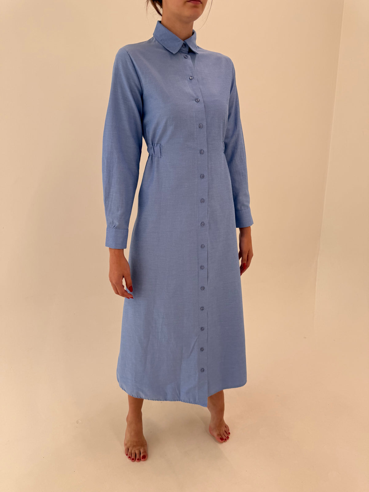 Rochie maxi baby blue din bumbac gros cu talie marcată reglabilă