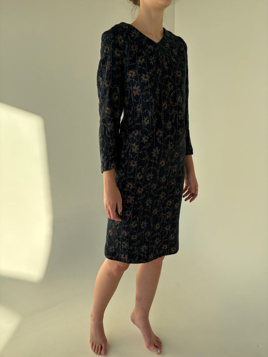 Rochie vintage Navy blue din lana excepțională extrafina integral brodată