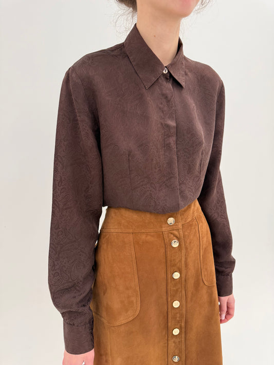 Cămașa chocolate brown din mătase naturală mată texturată