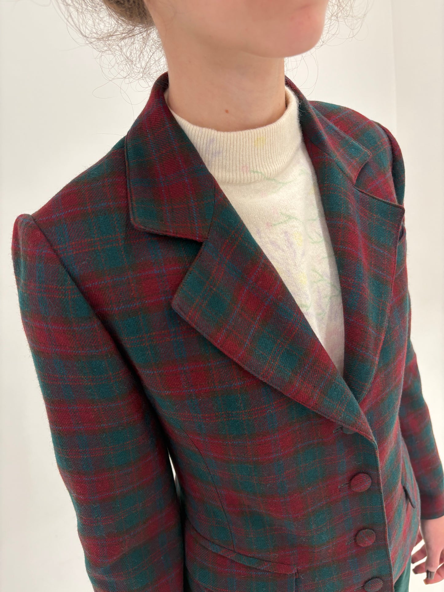 Sacou vintage cambrat din tweed burgundy cu forest green