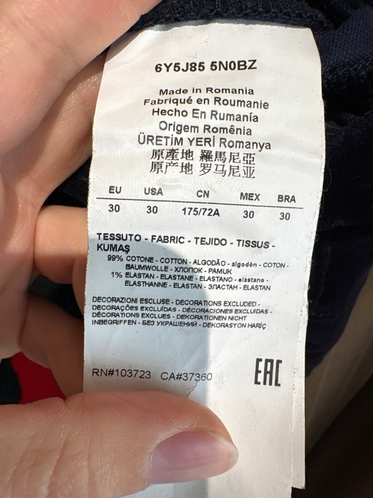 Pantaloni Armani petite albastru cerneală cu catifea de bumbac ultra confort