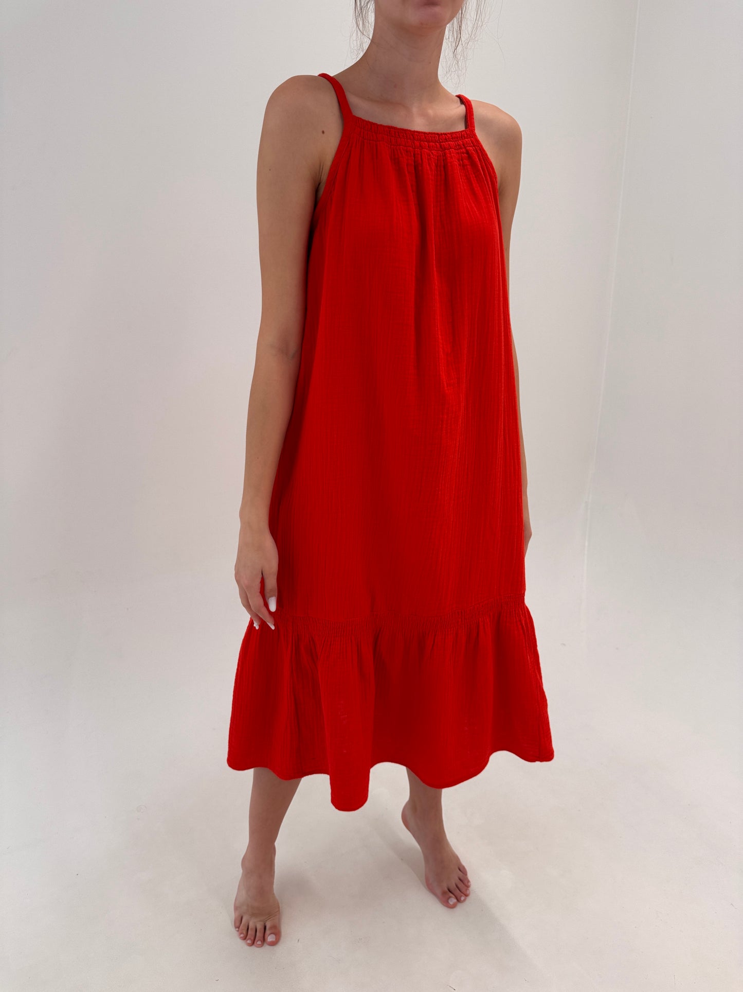 Rochie cherry red maxi din muselina de bumbac în croi lejer