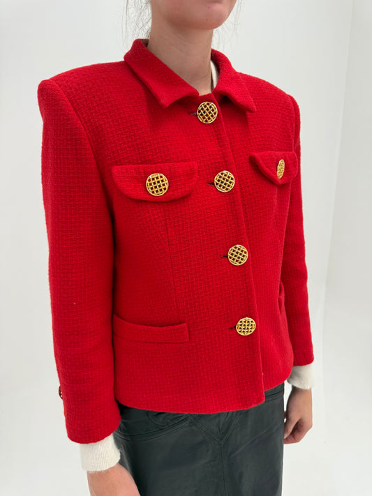 Sacou vintage în stil Chanel din tweed excepțional de lana cu nasturi aurii metalici