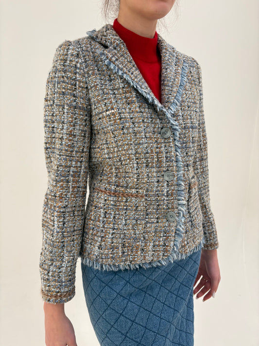 Sacou din tweed baby blue in stil chanel cu inserții light taupe