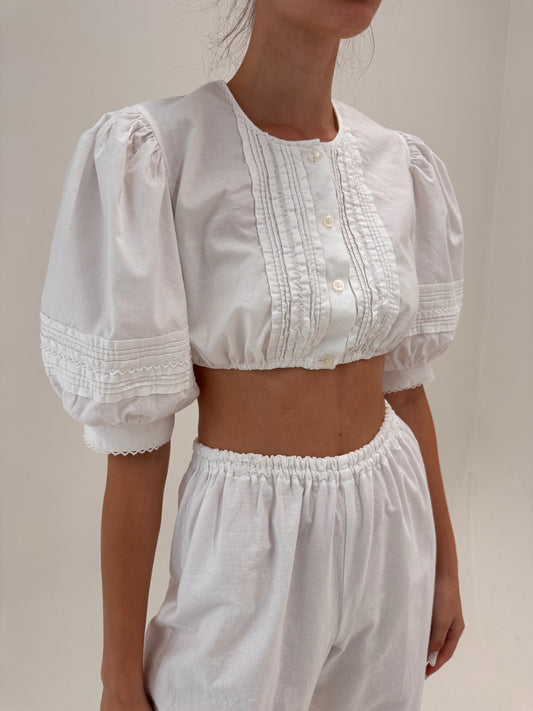 Top vintage cropped din pânză de bumbac și mâneci bufante