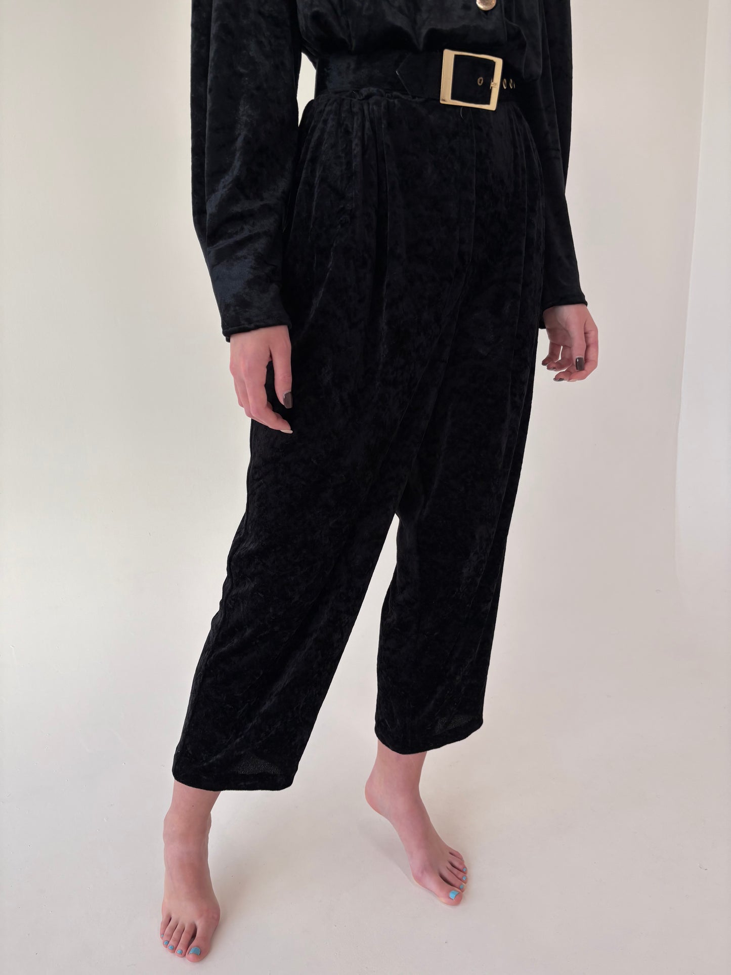 Salopetă vintage de seară din catifea cu talie ultra înaltă reglabilă