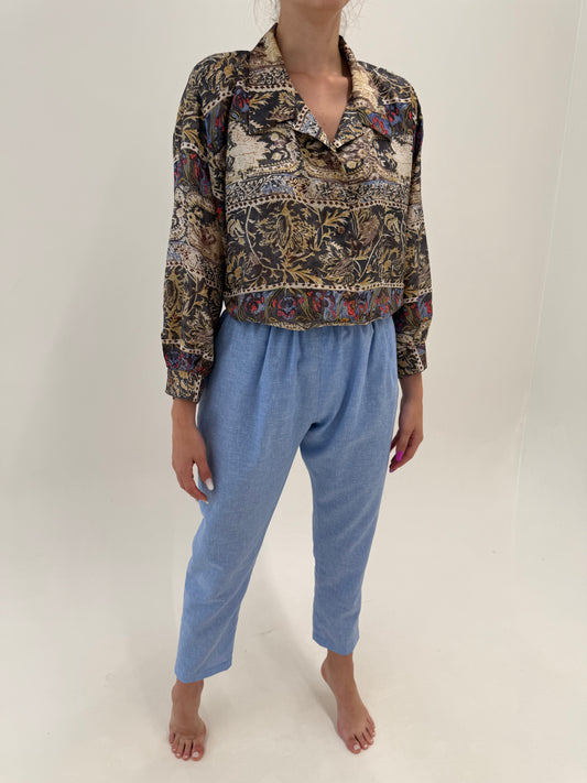Pantaloni baby blue din in drapati cu talie ultra înaltă