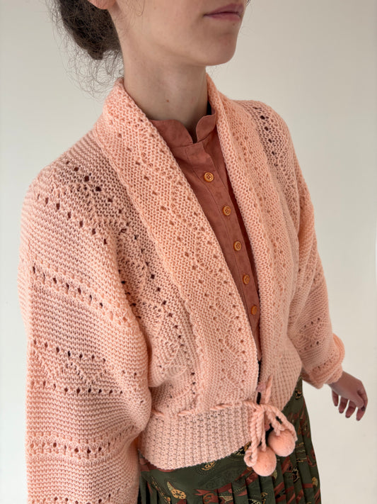 Cardigan vintage lucrat manual light salmon Pink din mix de lana extrafina