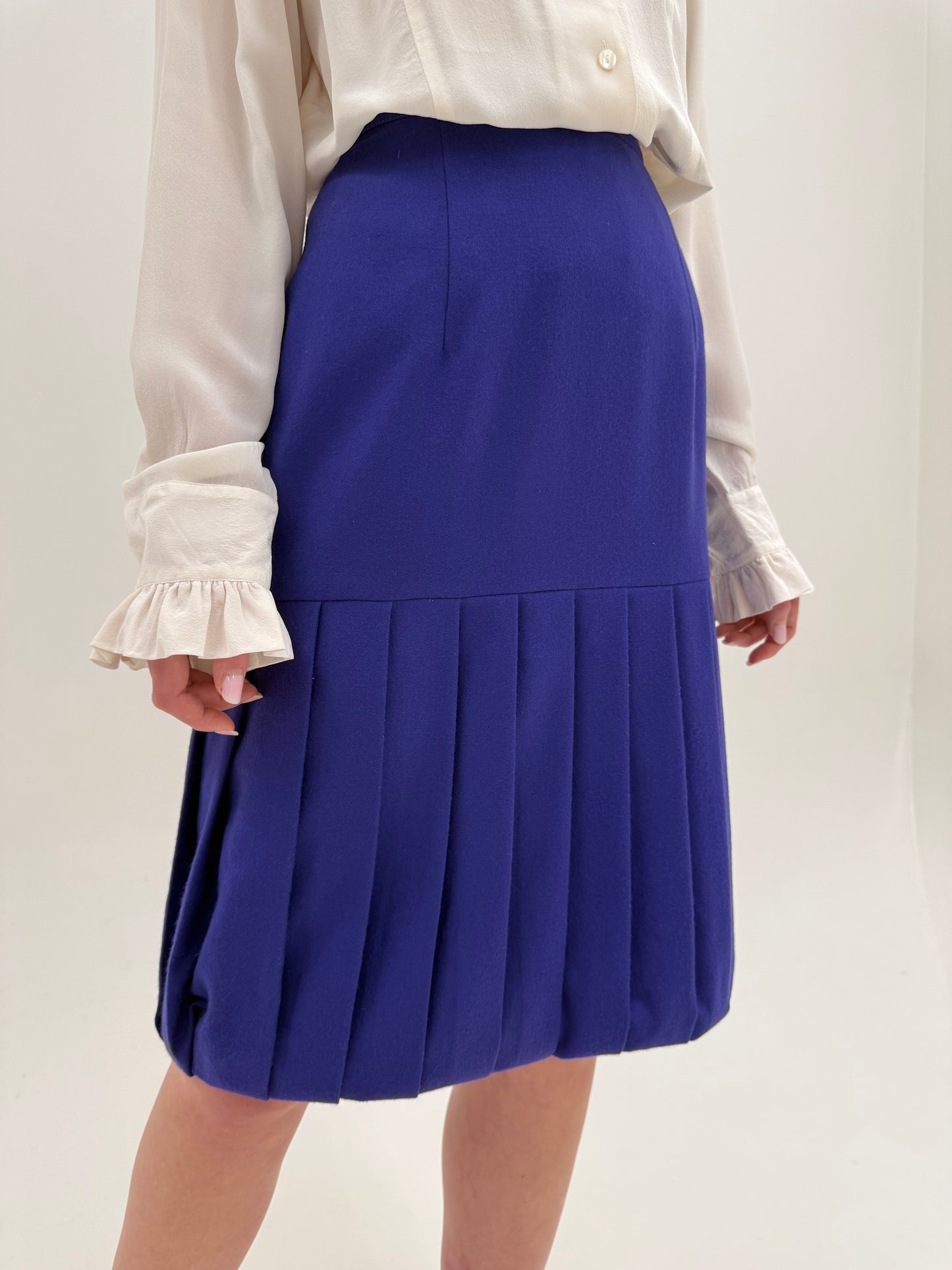 Fustă vintage plisată indigo cu talie ultra înaltă din lana extrafina