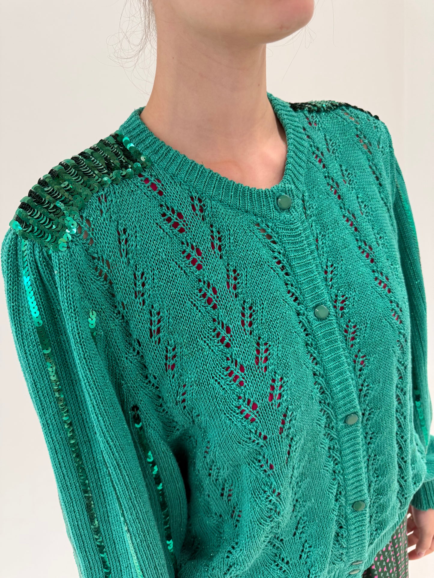 Cardigan vintage verde smarald din jerse excepțional de bumbac de vară
